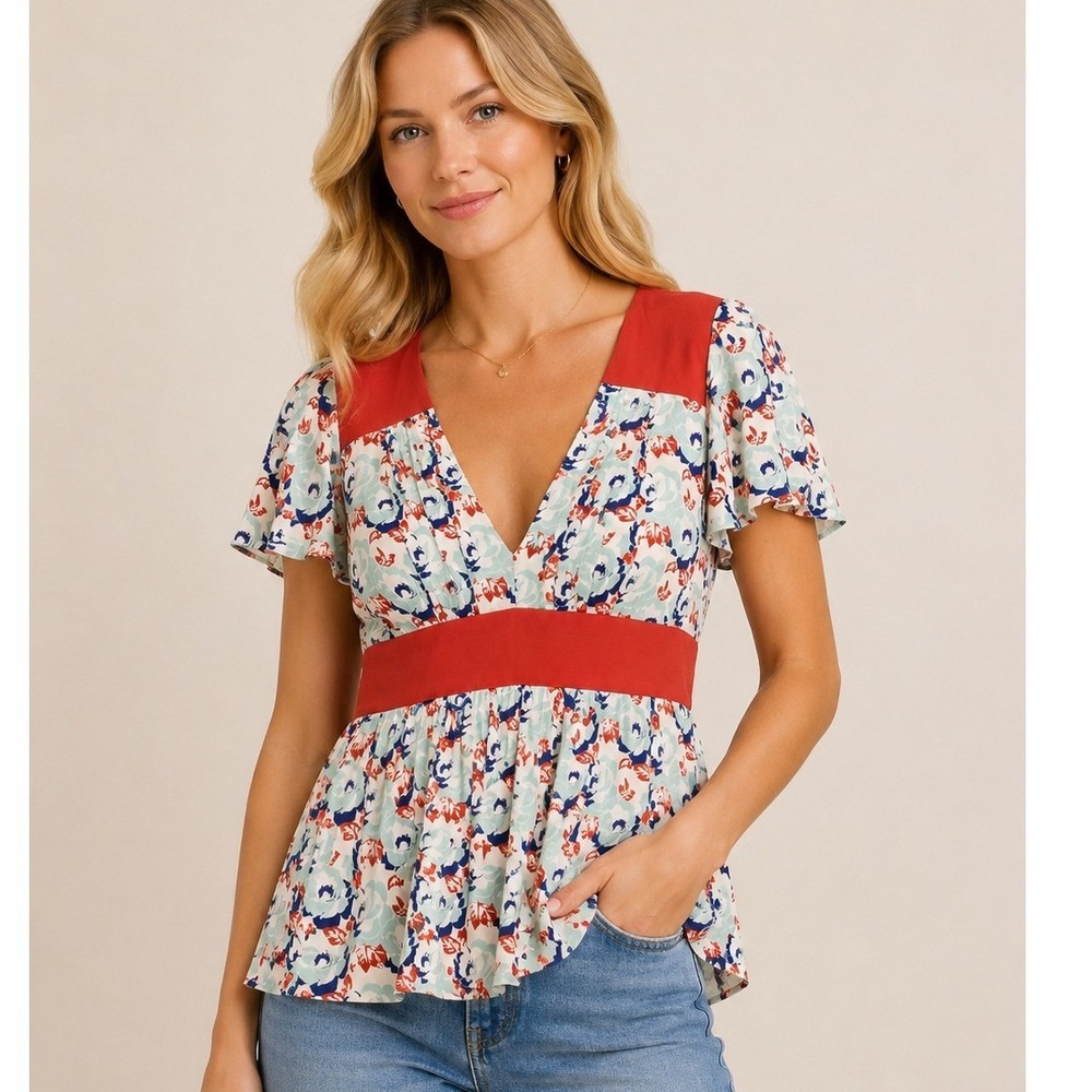 FOSSIL Floral Babydoll Silk Blouse V-Neck Pleated Feminine VTG Y2K NWT Sz M